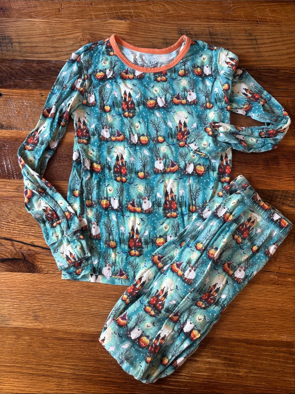 Free birdees Kids Halloween Castle Long Sleeve Pajama Set - Teal size 6
